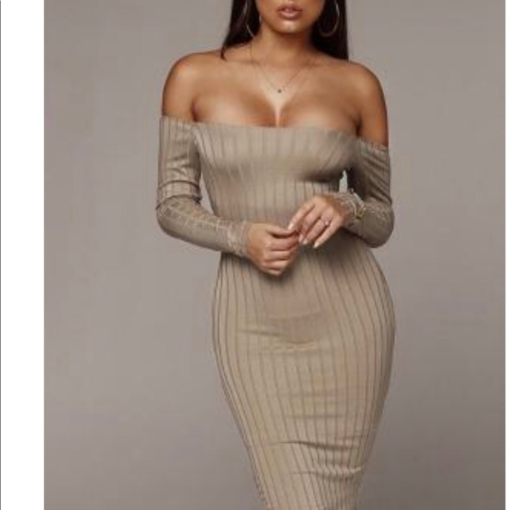 Stripes long sleeve Off shoulder body con dress